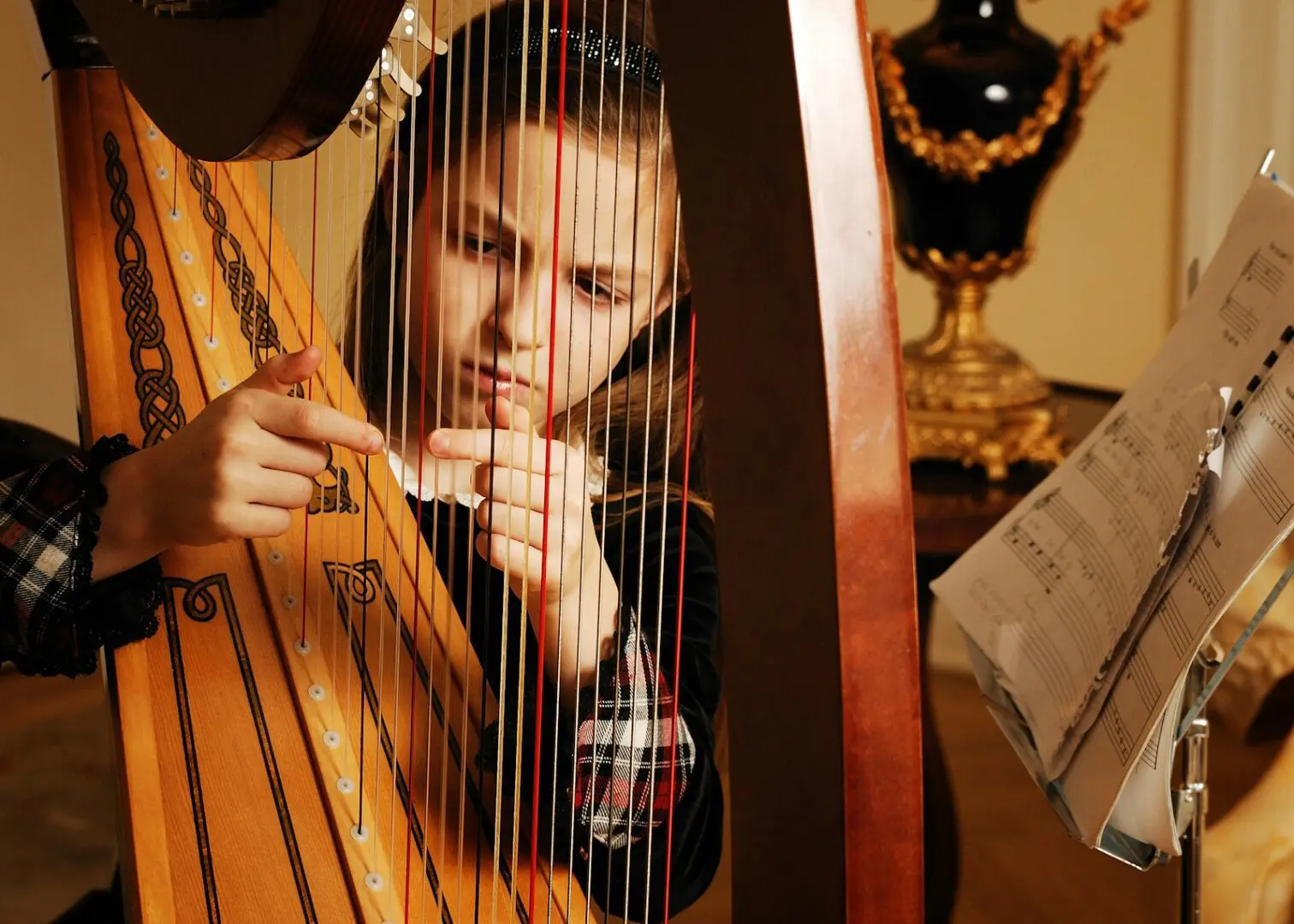 A woman playing the harp in front of a mirror.